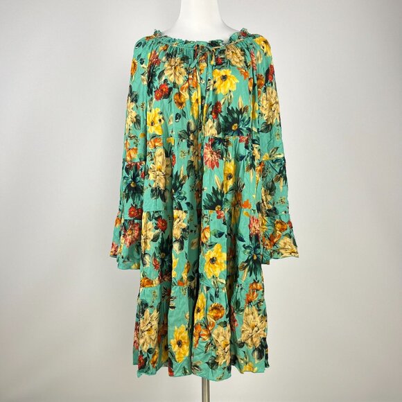 $398 NWOT Johnny Was Tulum Relaxed Tiered Floral Teal Mini Dress Multicolor Sz S - Picture 2 of 12